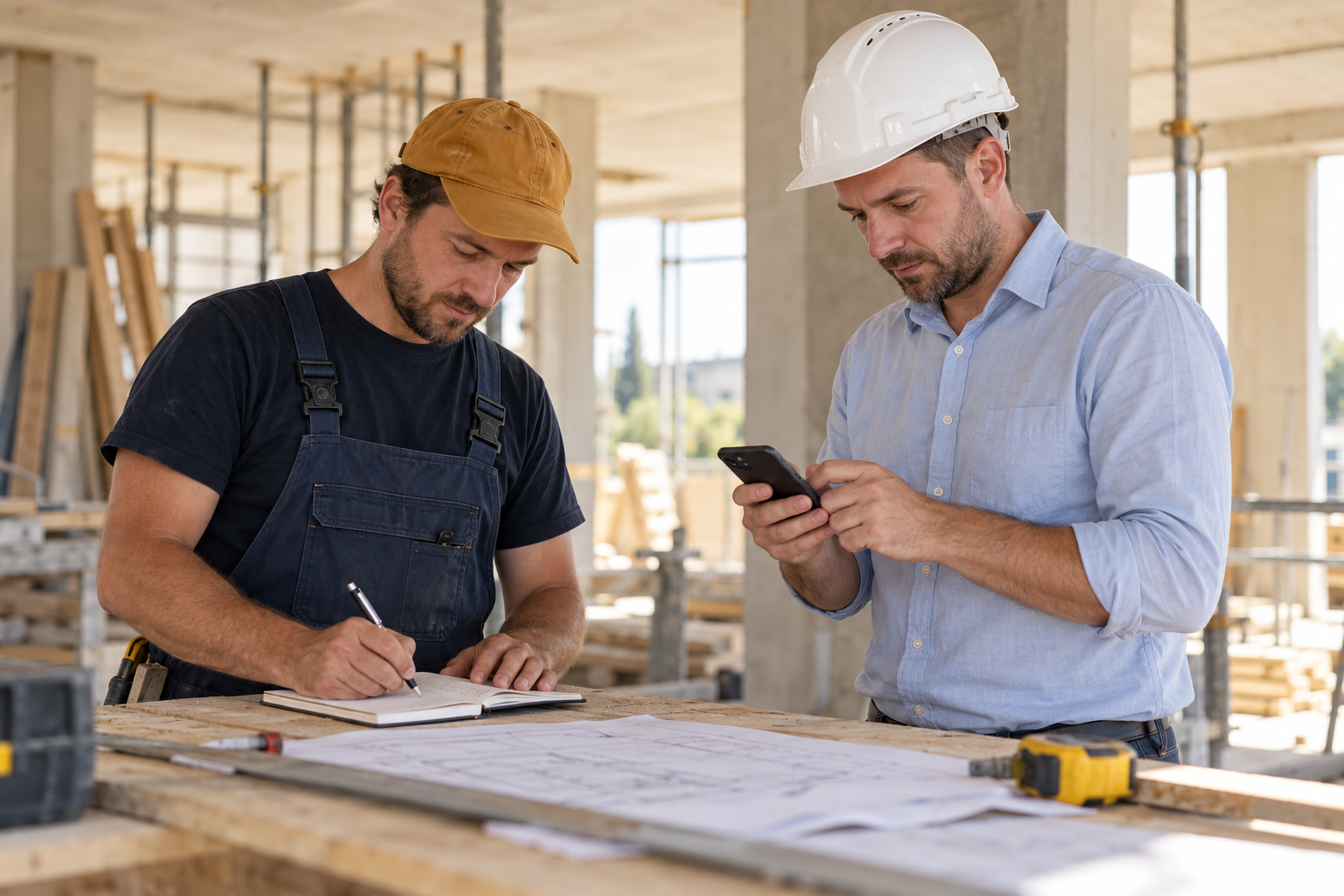 Zwei Handwerker erfassen Informationen auf einem Notizblock und einem Smartphone.