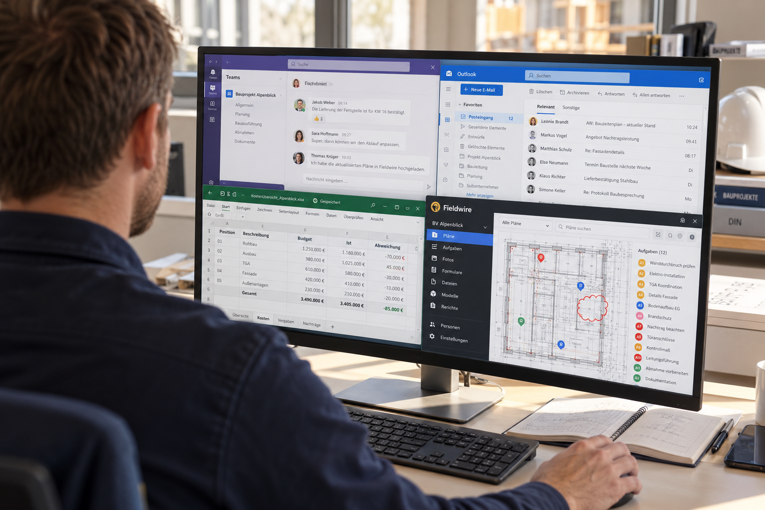 Ein Bildschirm zeigt beispielhaft Teams, E-Mail, eine Tabelle und Fieldwire.